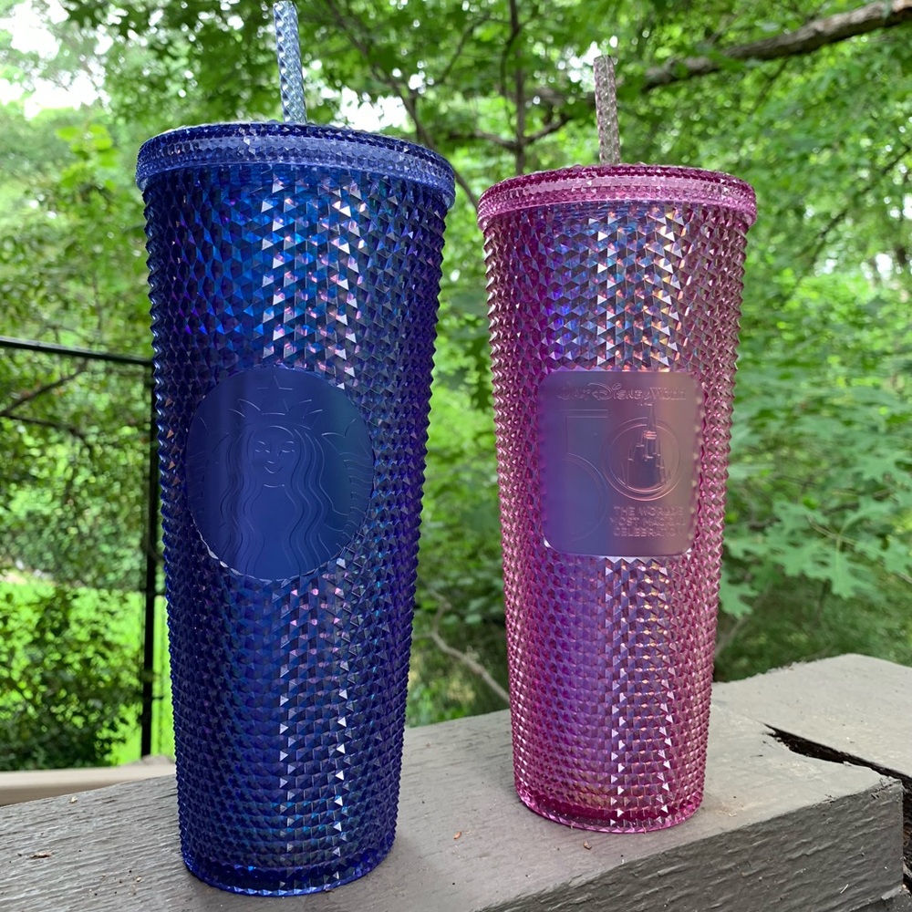 Disney World Starbucks WDW 50th Anniversary Pink/Purple Tumbler Studded Cup SET